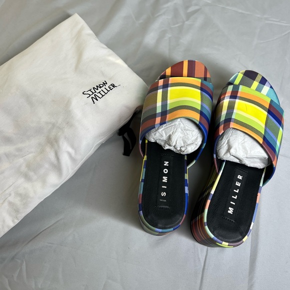 Simon Miller Retro Yellow Check Plaid Leather Blackout Platform Slide Sandals - Picture 1 of 10